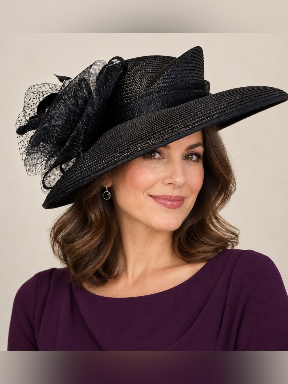 Giovannio Black Wide Brim Church Derby Hat Feather Mesh Fascinator